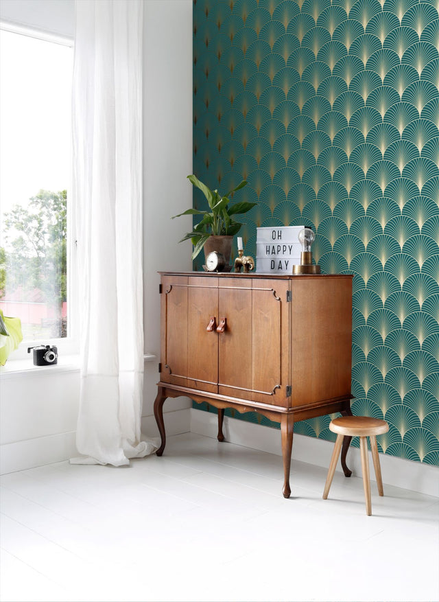 Lempicka Teal Art Deco Motif Wallpaper with Metallic Geometric Scallop Pattern - ESTA Home DD139230