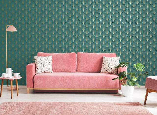 Lempicka Teal Art Deco Motif Wallpaper with Metallic Geometric Scallop Pattern - ESTA Home DD139230