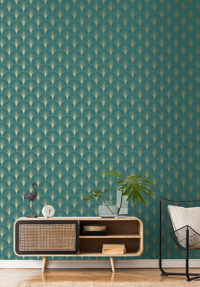 Lempicka Teal Art Deco Motif Wallpaper with Metallic Geometric Scallop Pattern - ESTA Home DD139230