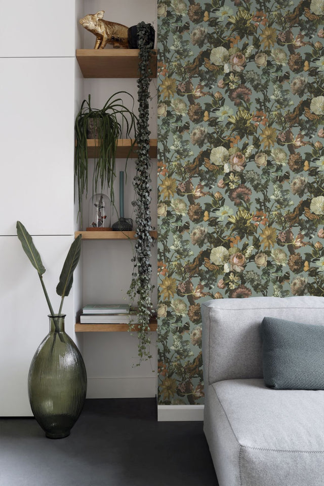 Zarinda Light Blue Flowers Wallpaper with Botanical Bohemian Motif - ESTA Home DD139292