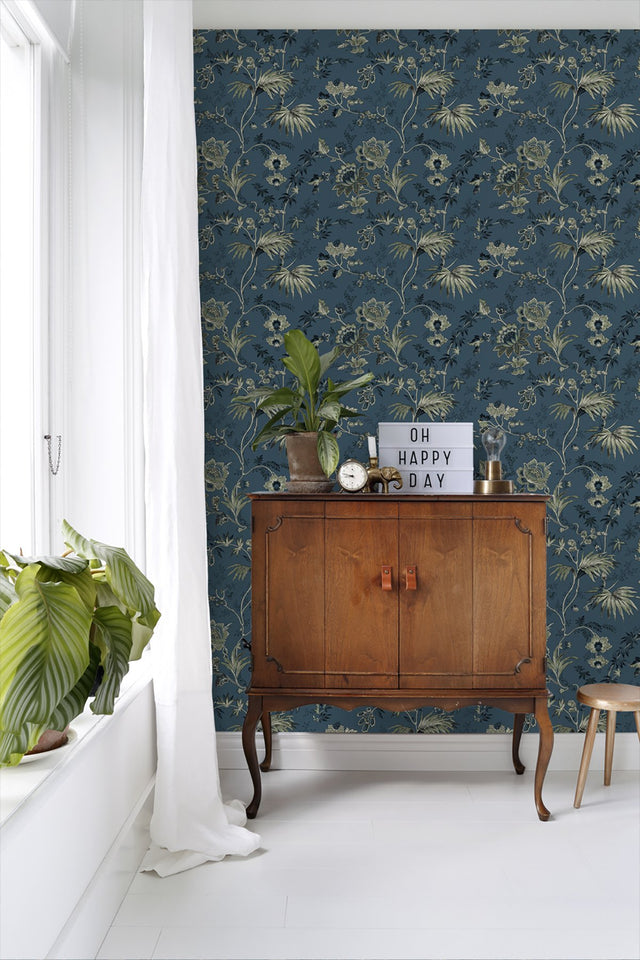 Juliet Blue Decorative Jacobean Wallpaper