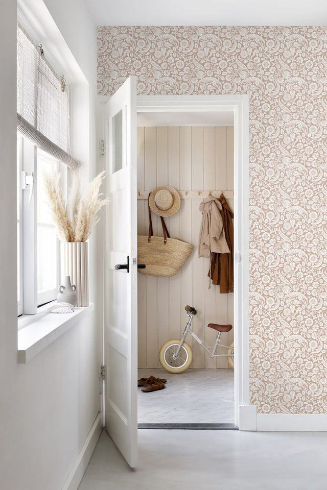 Cordelia Pink Baroque Blooms Wallpaper with Botanical Floral Pattern, Farmhouse Style - Brewster DD139330