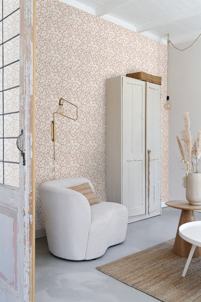 Cordelia Pink Baroque Blooms Wallpaper with Botanical Floral Pattern, Farmhouse Style - Brewster DD139330