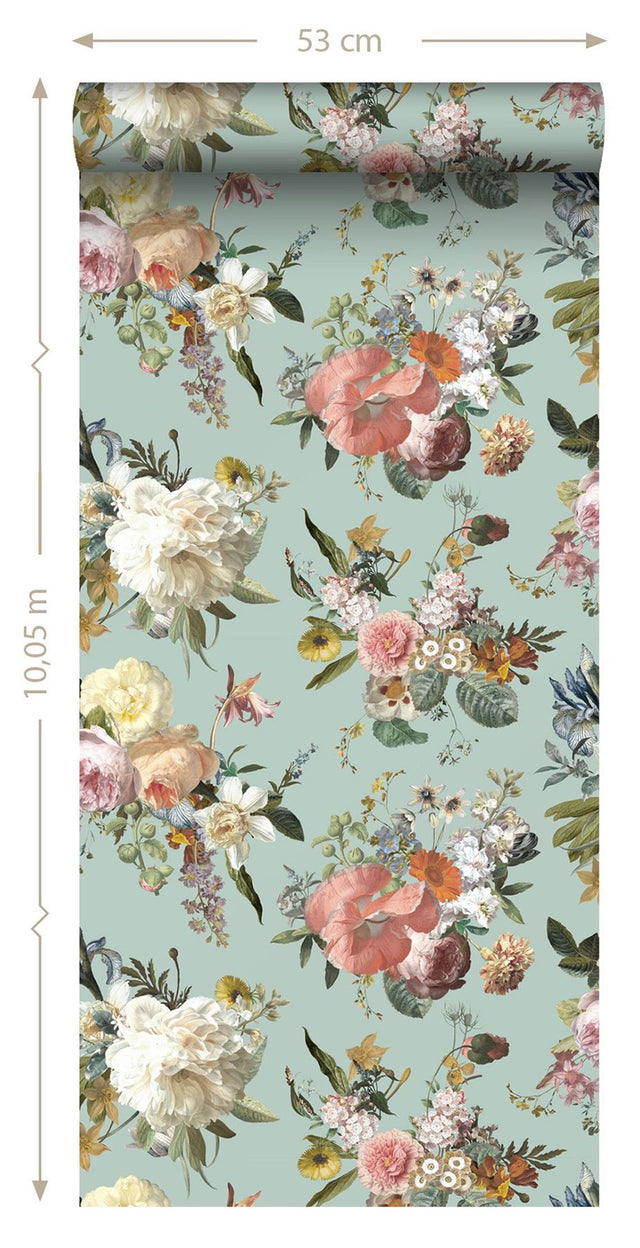 Antonia Aqua Vintage Bouquet Wallpaper