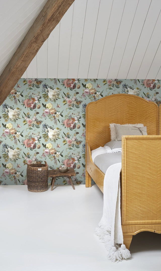 Antonia Aqua Vintage Bouquet Wallpaper