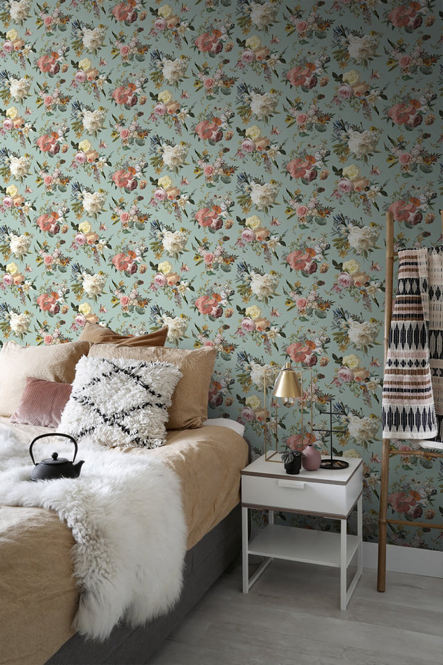 Antonia Aqua Vintage Bouquet Wallpaper