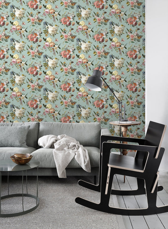 Antonia Aqua Vintage Bouquet Wallpaper