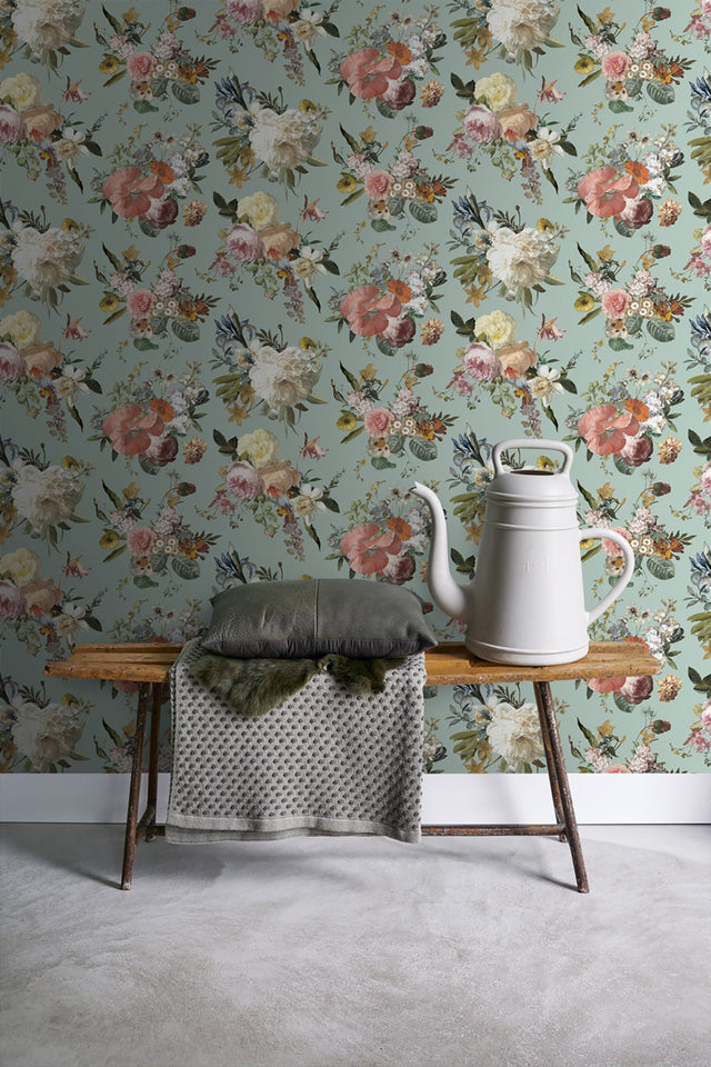 Antonia Aqua Vintage Bouquet Wallpaper