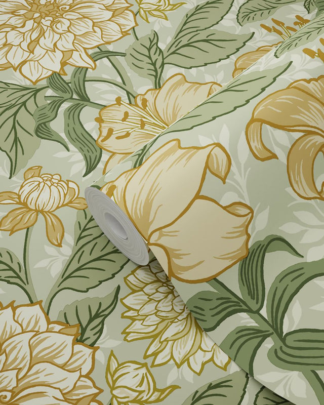 Persephone Yellow Spring Blossoms Wallpaper with Botanical Floral Motif - ESTA Home DD139379