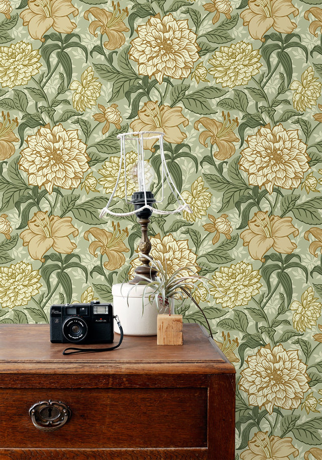 Persephone Yellow Spring Blossoms Wallpaper with Botanical Floral Motif - ESTA Home DD139379
