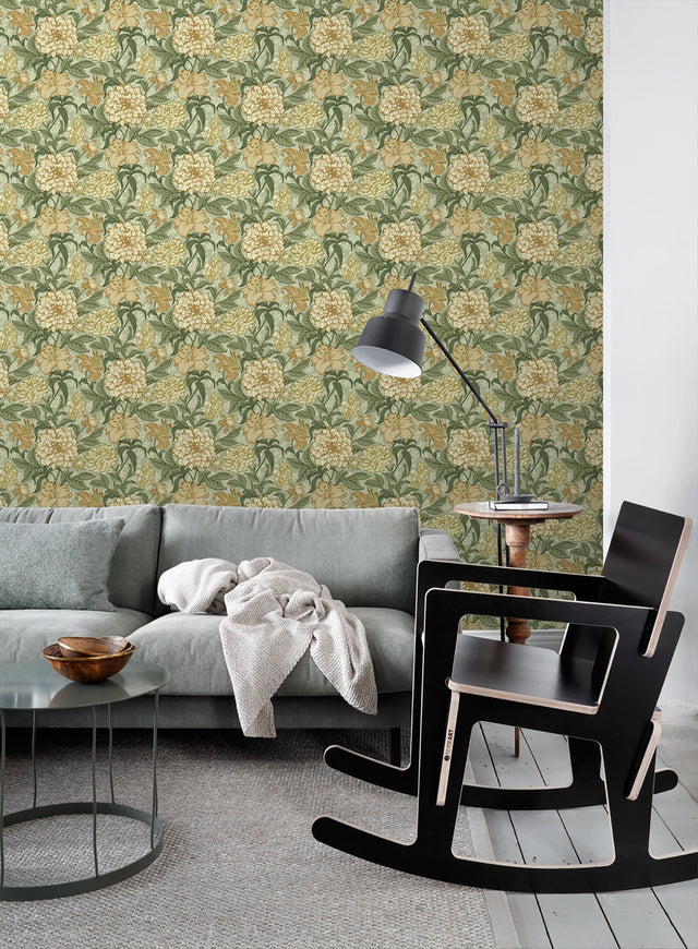 Persephone Yellow Spring Blossoms Wallpaper with Botanical Floral Motif - ESTA Home DD139379