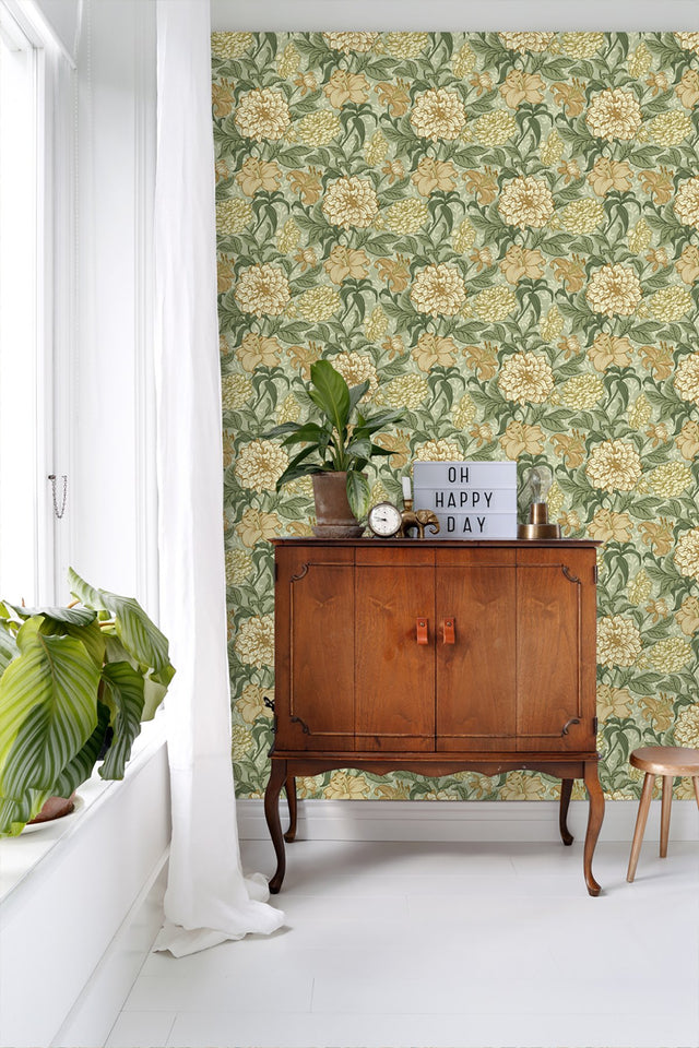 Persephone Yellow Spring Blossoms Wallpaper with Botanical Floral Motif - ESTA Home DD139379