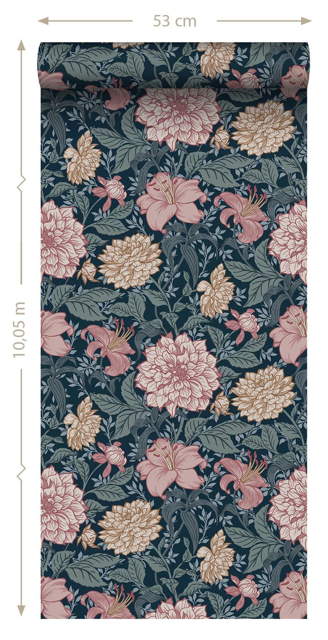 Persephone Multicolor Spring Blossoms Wallpaper with Botanical Floral Motif - ESTA Home DD139382