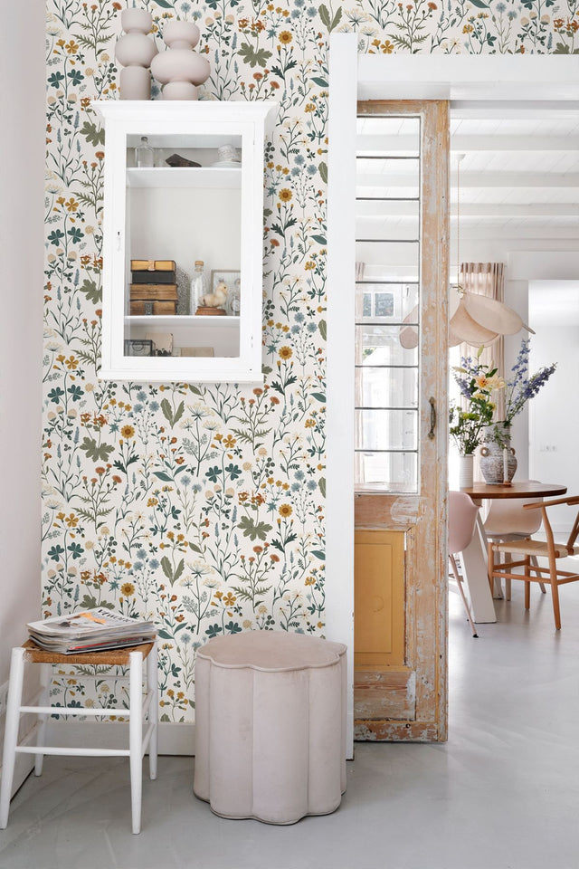 Fiore Blue Wildflowers Wallpaper with Botanical Scandinavian Motif - Brewster DD139391