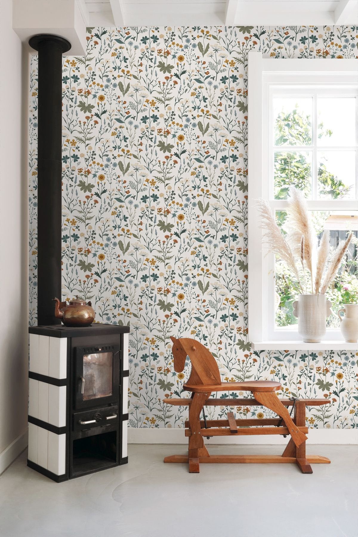 Fiore Blue Wildflowers Wallpaper with Botanical Scandinavian Motif - Brewster DD139391