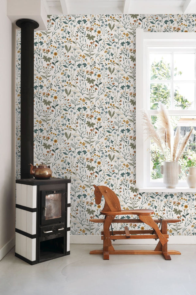 Fiore Blue Wildflowers Wallpaper with Botanical Scandinavian Motif - Brewster DD139391