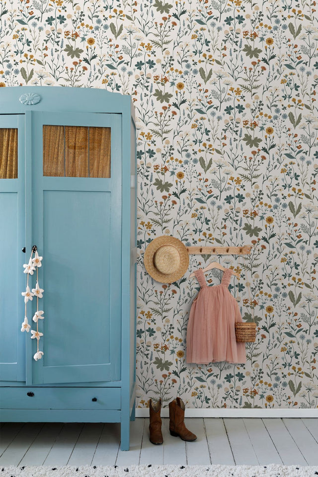 Fiore Blue Wildflowers Wallpaper with Botanical Scandinavian Motif - Brewster DD139391