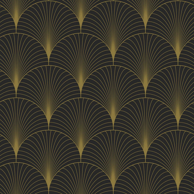 Lempicka Black Art Deco Motif Wallpaper with Metallic Gold Fan Geometric - ESTA Home DD139457