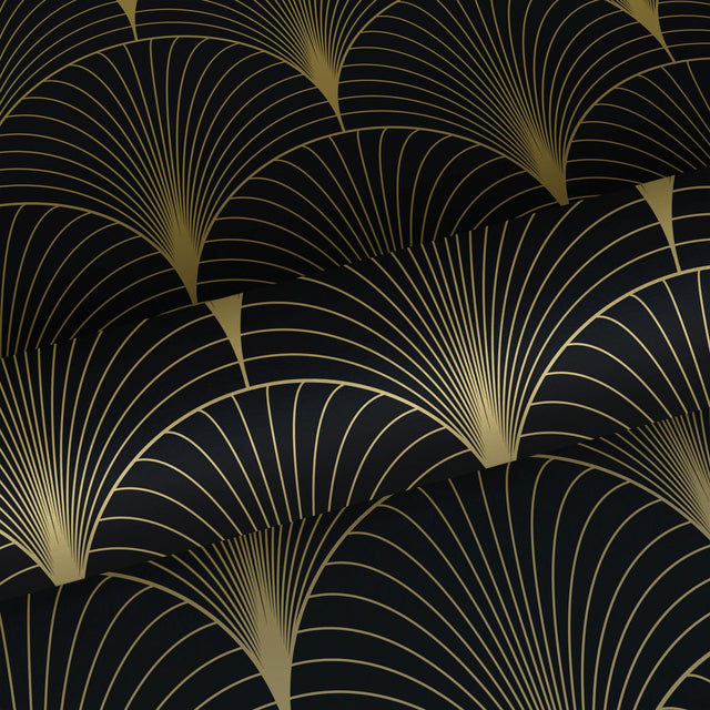 Lempicka Black Art Deco Motif Wallpaper with Metallic Gold Fan Geometric - ESTA Home DD139457