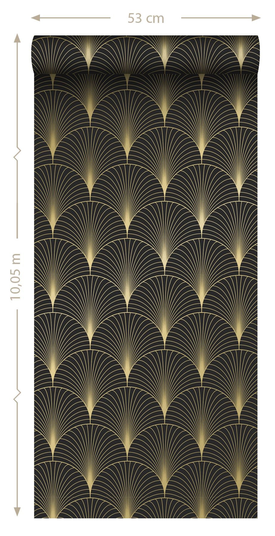 Lempicka Black Art Deco Motif Wallpaper with Metallic Gold Fan Geometric - ESTA Home DD139457
