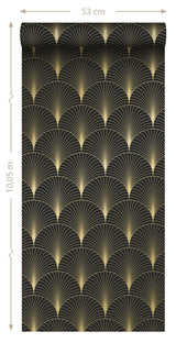 Lempicka Black Art Deco Motif Wallpaper with Metallic Gold Fan Geometric - ESTA Home DD139457