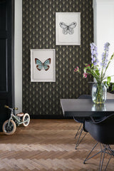 Lempicka Black Art Deco Motif Wallpaper with Metallic Gold Fan Geometric - ESTA Home DD139457