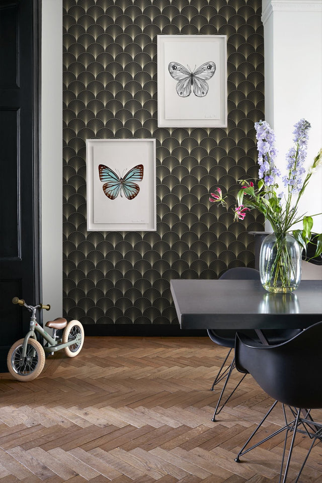 Lempicka Black Art Deco Motif Wallpaper with Metallic Gold Fan Geometric - ESTA Home DD139457