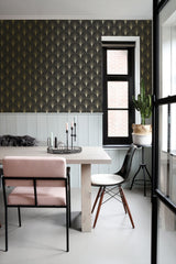 Lempicka Black Art Deco Motif Wallpaper with Metallic Gold Fan Geometric - ESTA Home DD139457