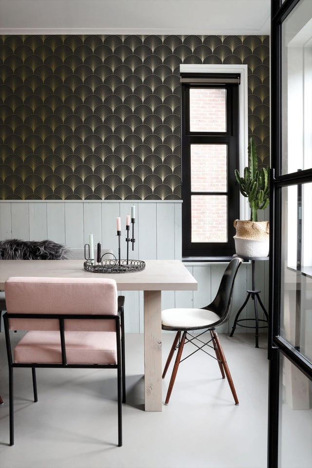 Lempicka Black Art Deco Motif Wallpaper with Metallic Gold Fan Geometric - ESTA Home DD139457