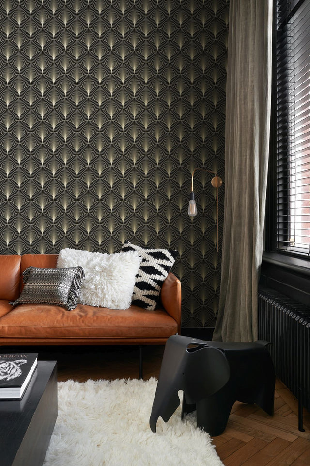 Lempicka Black Art Deco Motif Wallpaper with Metallic Gold Fan Geometric - ESTA Home DD139457
