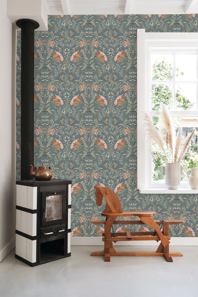 Ester Blue Nouveau Blooms Wallpaper