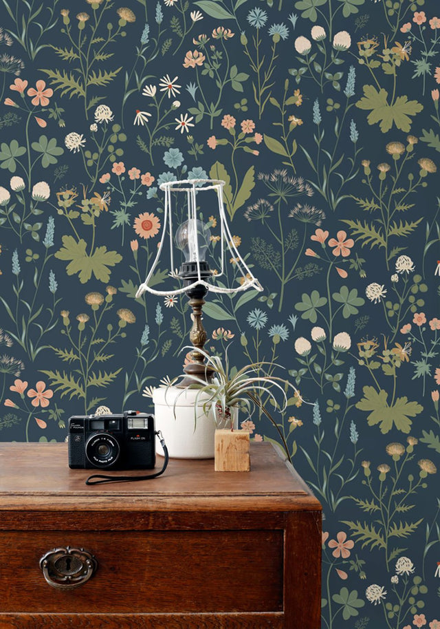 Letitia Indigo Summer Meadows Wallpaper with Whimsical Botanical Floral Pattern - ESTA Home DD139698