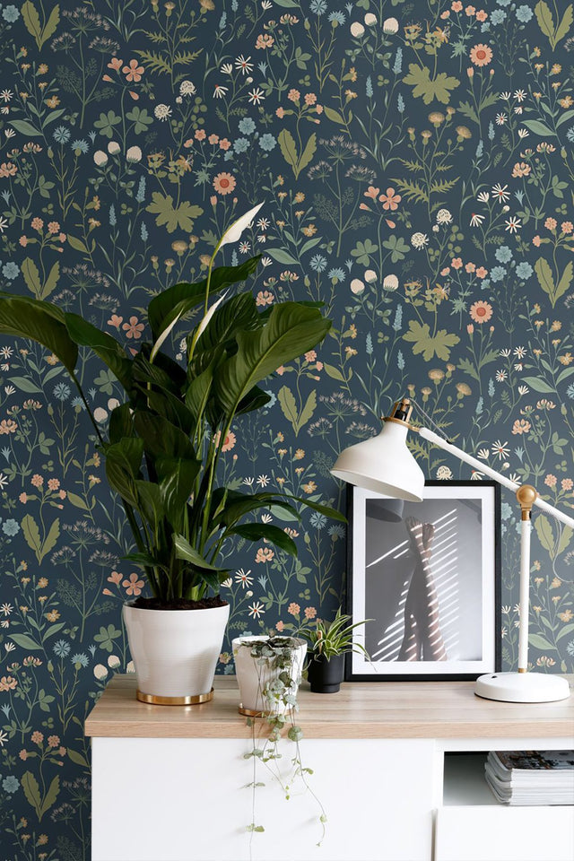Letitia Indigo Summer Meadows Wallpaper with Whimsical Botanical Floral Pattern - ESTA Home DD139698