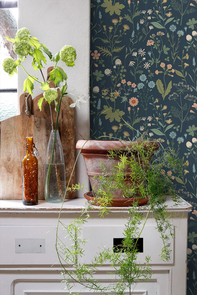Letitia Indigo Summer Meadows Wallpaper with Whimsical Botanical Floral Pattern - ESTA Home DD139698