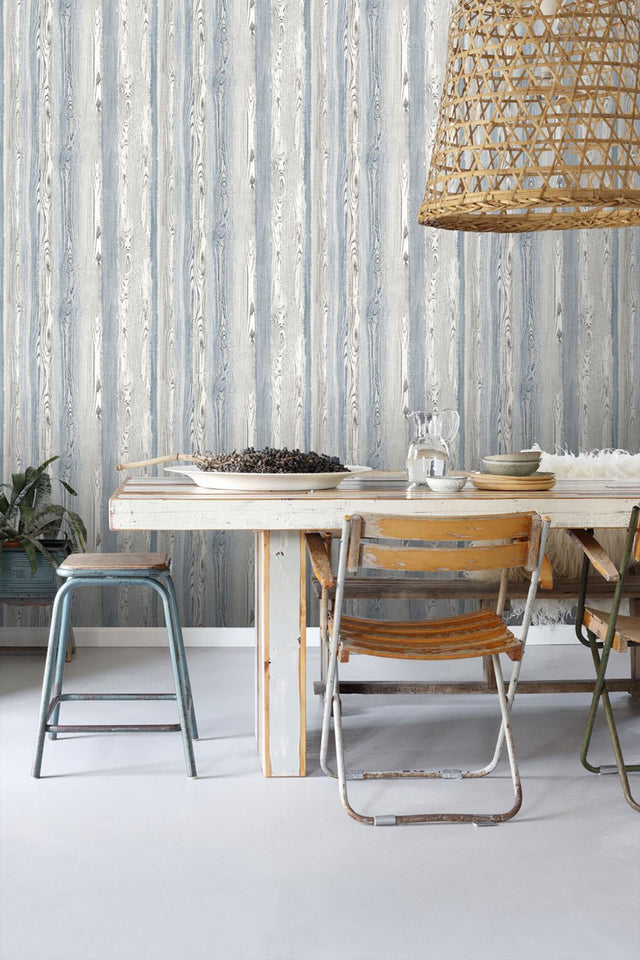 Cady Blue Wood Panel Wallpaper with Coastal Faux Wood Plank Pattern - ESTA Home DD148626