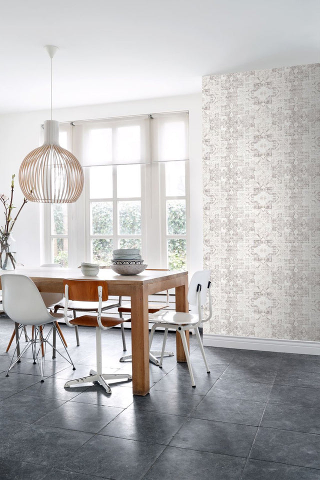 Desmond Beige Distressed Medallion Wallpaper with Bohemian Global Geometric Pattern - ESTA Home DD148654