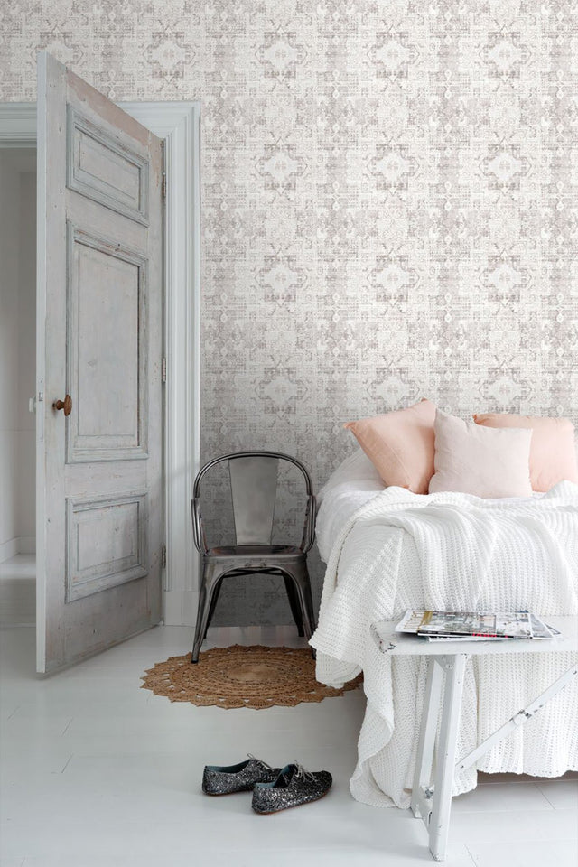 Desmond Beige Distressed Medallion Wallpaper with Bohemian Global Geometric Pattern - ESTA Home DD148654