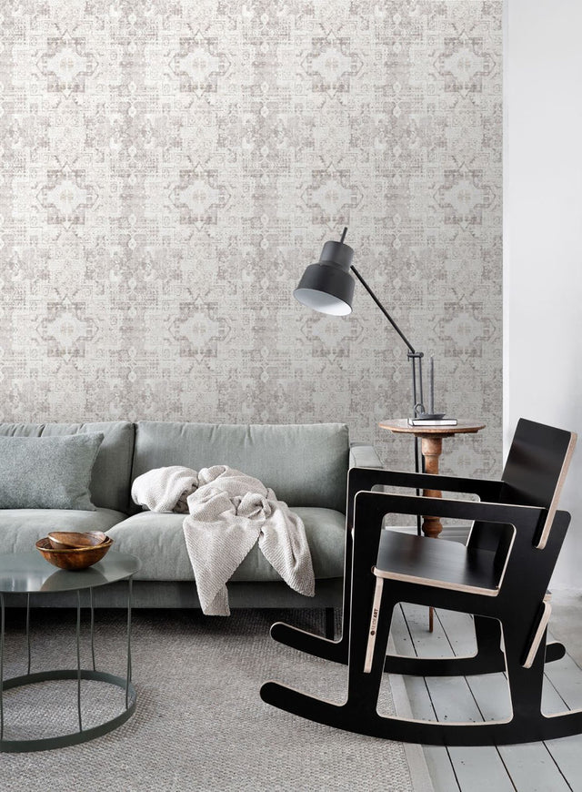Desmond Beige Distressed Medallion Wallpaper with Bohemian Global Geometric Pattern - ESTA Home DD148654
