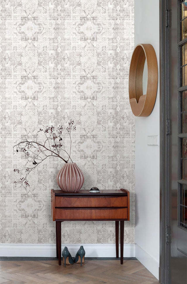 Desmond Beige Distressed Medallion Wallpaper with Bohemian Global Geometric Pattern - ESTA Home DD148654