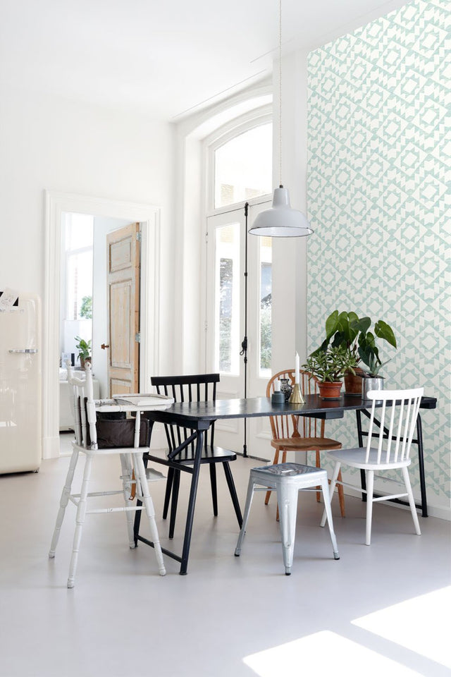 Fantine Mint Geometric Wallpaper with Bohemian Global Geometrics Pattern - ESTA Home DD148674