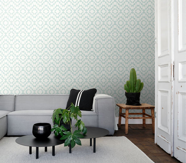 Fantine Mint Geometric Wallpaper with Bohemian Global Geometrics Pattern - ESTA Home DD148674
