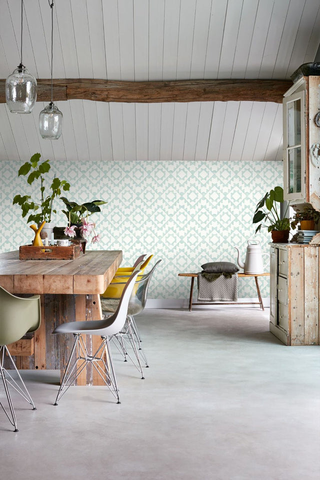 Fantine Mint Geometric Wallpaper with Bohemian Global Geometrics Pattern - ESTA Home DD148674