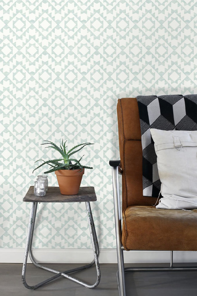 Fantine Mint Geometric Wallpaper with Bohemian Global Geometrics Pattern - ESTA Home DD148674