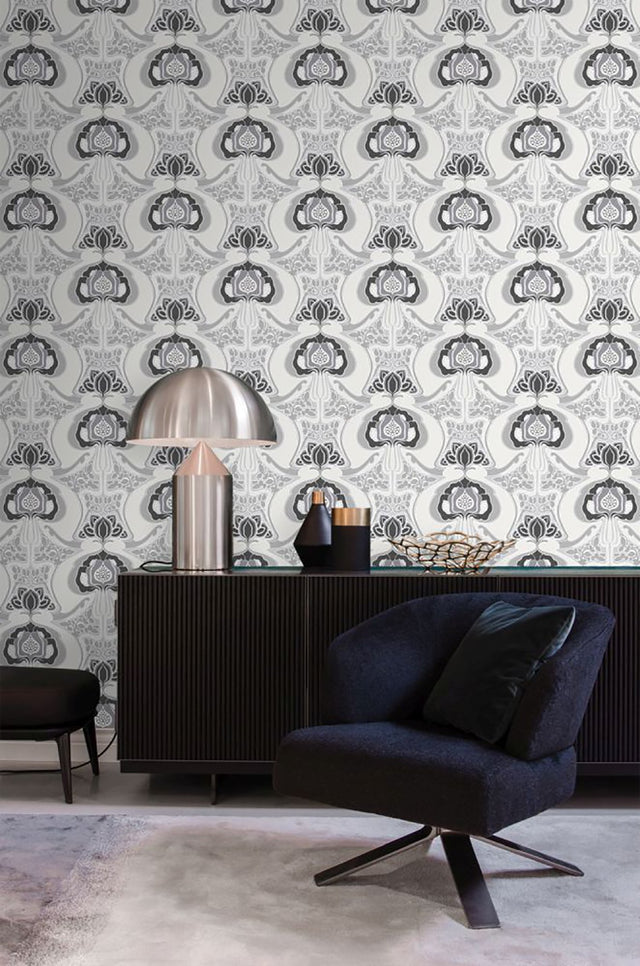 Joaquin Black Art Nouveau Floral Wallpaper with Abstract Eclectic Pattern - ESTA Home DD347209