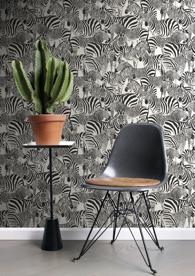 Jemima Black Zebra Wallpaper with Glam Animal Print in Non Woven Unpasted - Origin DD347453
