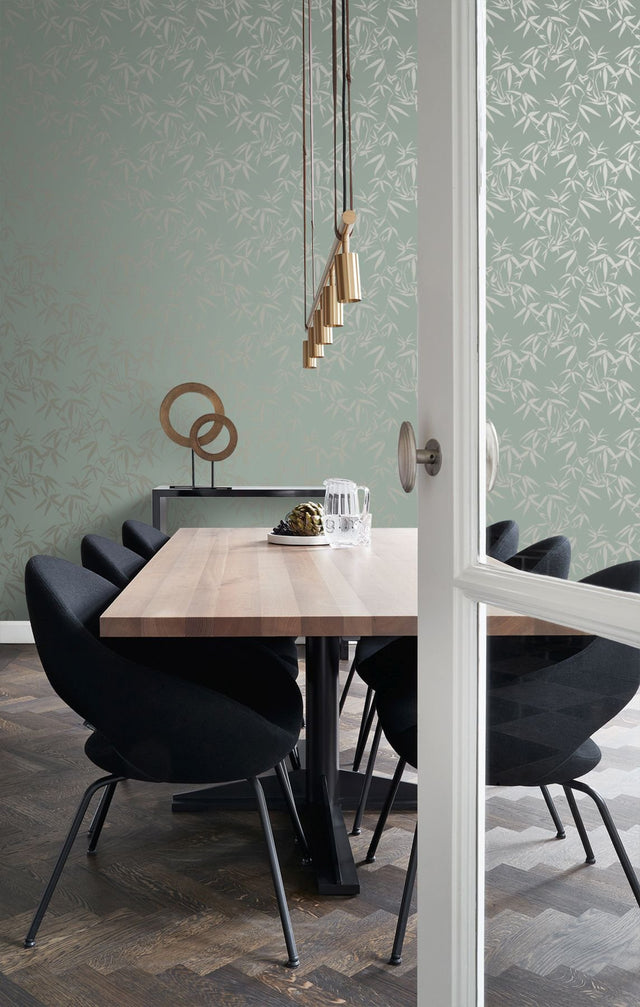 Guadua Green Bamboo Leaves Wallpaper with Metallic Botanical Pattern, Traditional Style - Origin DD347736
