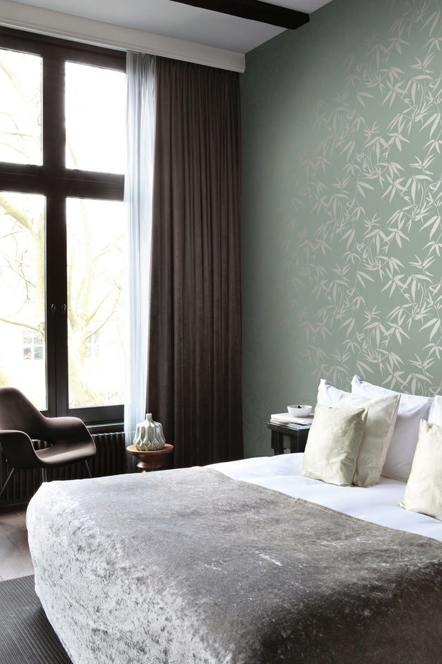 Guadua Green Bamboo Leaves Wallpaper with Metallic Botanical Pattern, Traditional Style - Origin DD347736