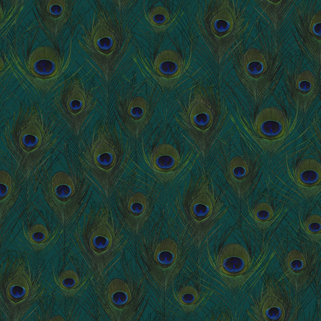 Plumage Sapphire Peacock Feathers Wallpaper with Metallic Bohemian Animal Print - Origin DD347764