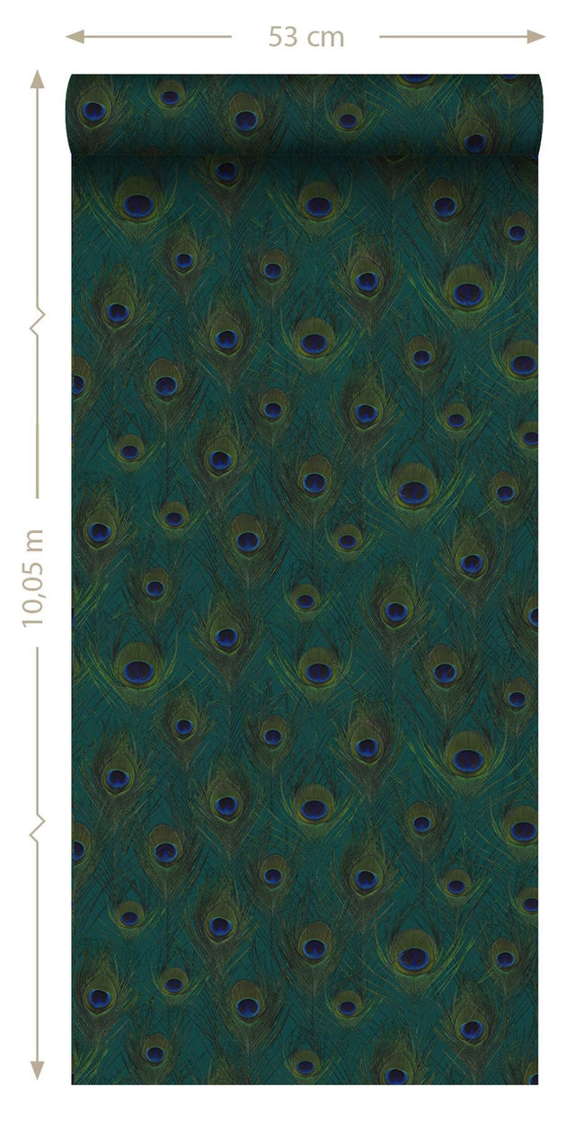 Plumage Sapphire Peacock Feathers Wallpaper with Metallic Bohemian Animal Print - Origin DD347764