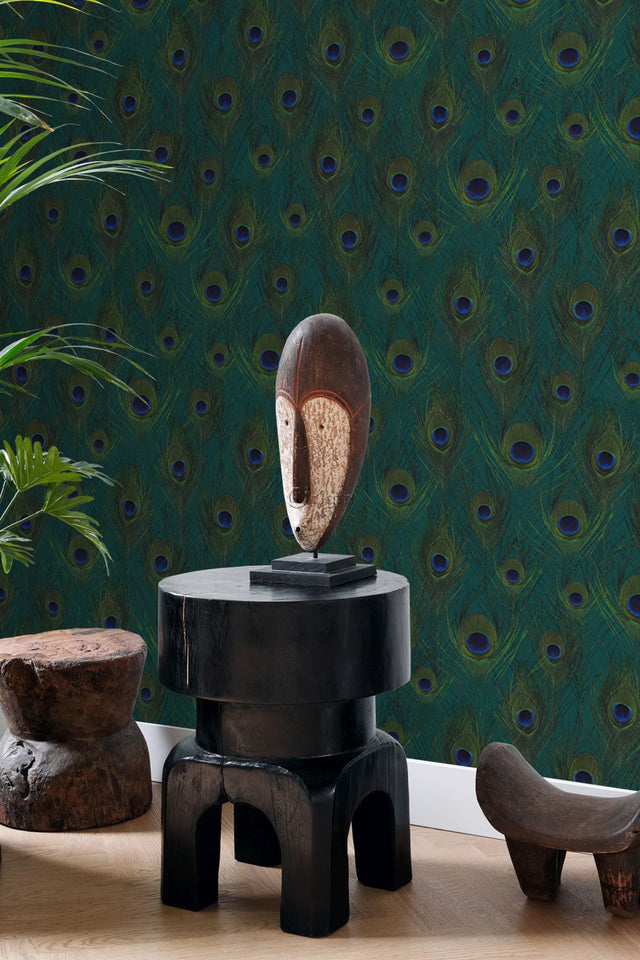 Plumage Sapphire Peacock Feathers Wallpaper with Metallic Bohemian Animal Print - Origin DD347764